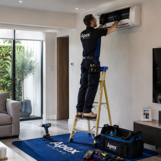 Apex engineer servicing a wall-mounted air conditioning unit from a step ladder in a living room