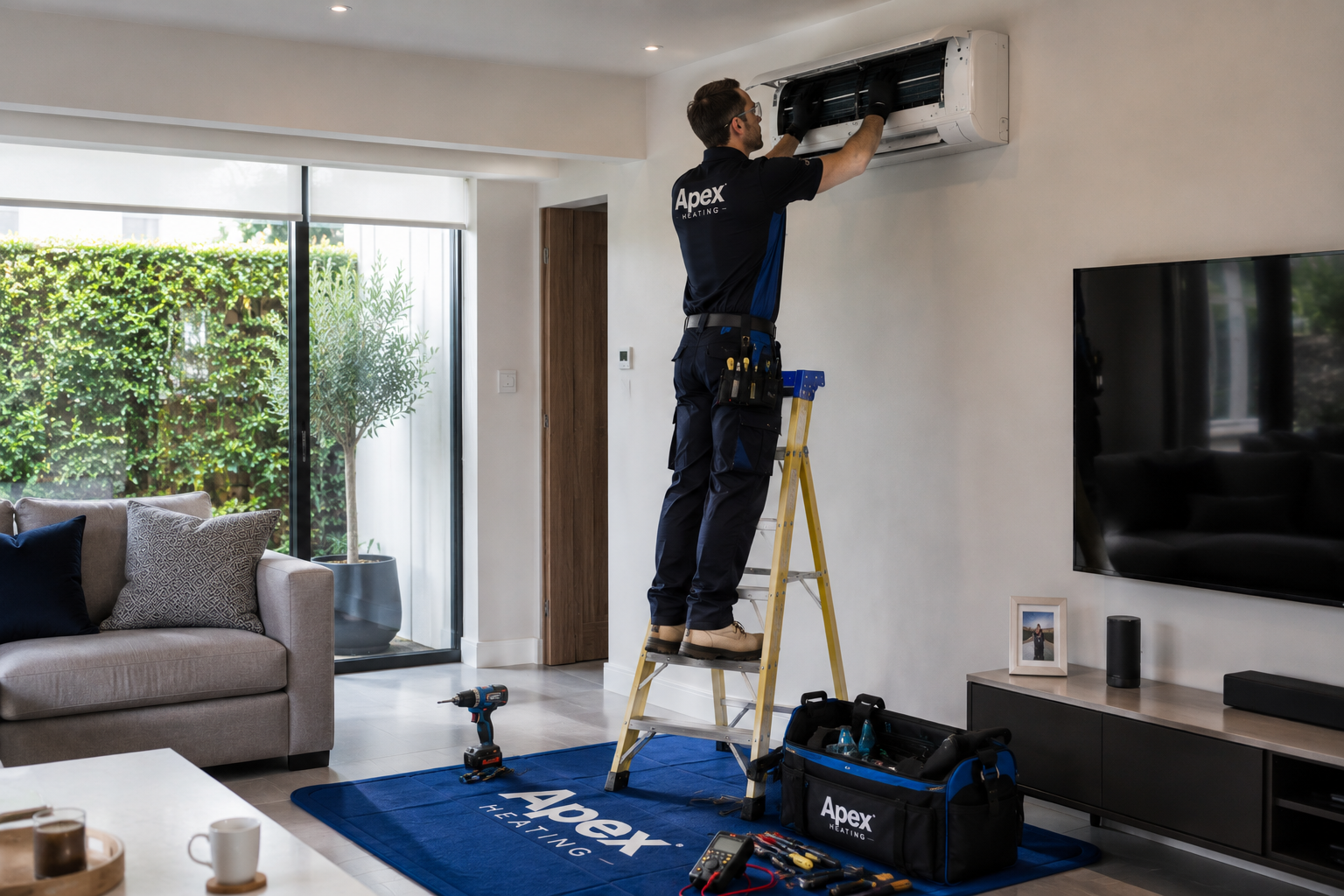 Apex engineer servicing a wall-mounted air conditioning unit from a step ladder in a living room
