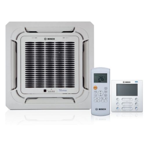 4-way compact ceiling cassette air conditioning indoor unit shown with wired and handheld controllers