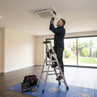 Engineer fitting a ceiling cassette air conditioning unit into the ceiling of an empty room