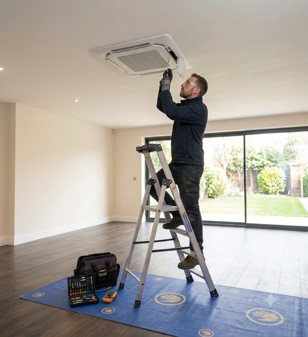 Engineer fitting a ceiling cassette air conditioning unit into the ceiling of an empty room
