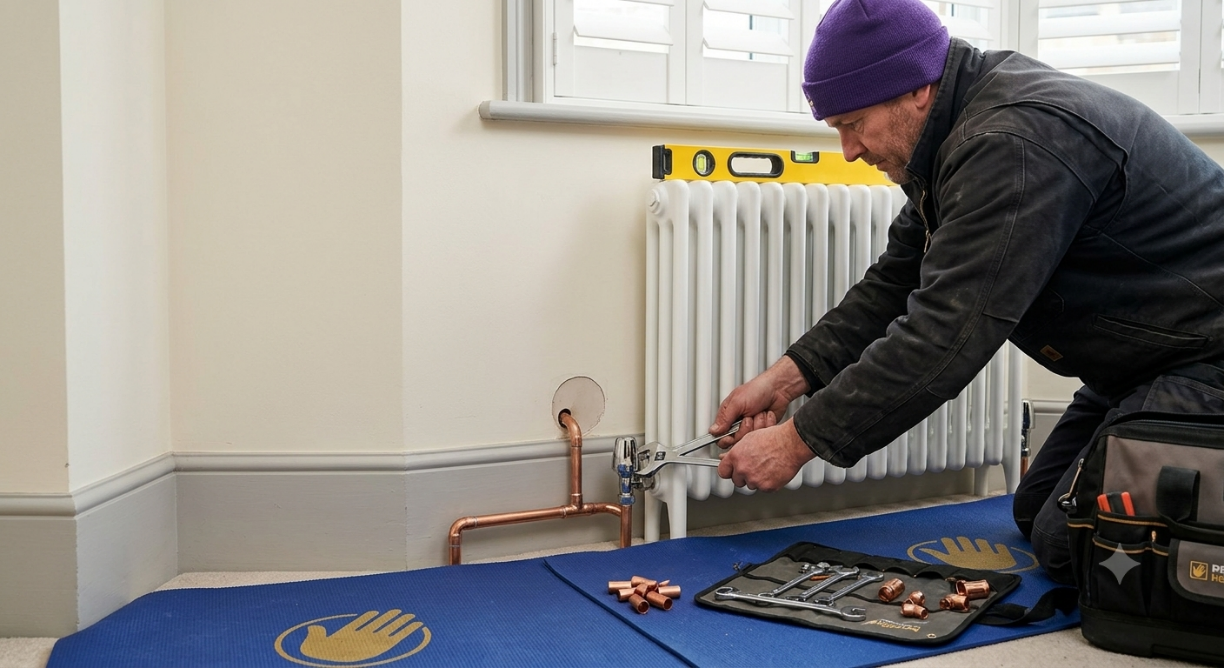 Engineer fitting a white column radiator and connecting copper pipework with a spirit level in place