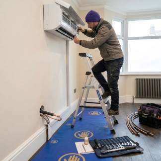 Engineer installing a wall-mounted split air conditioning unit with copper pipework and tools laid out below