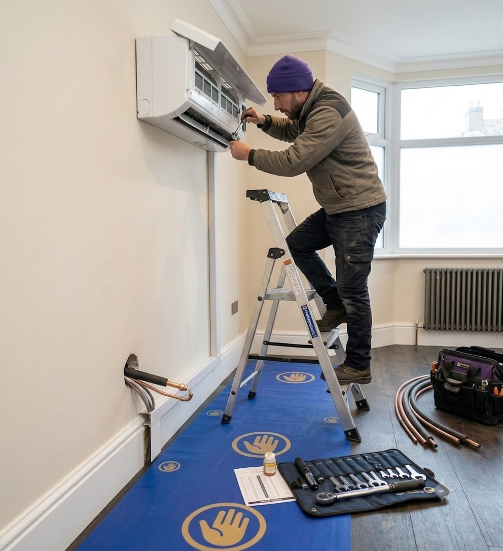 Engineer installing a wall-mounted split air conditioning unit with copper pipework and tools laid out below