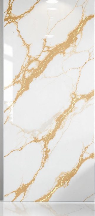 Gloss white PVC wall panel with gold marble veining, fitted in a bathroom