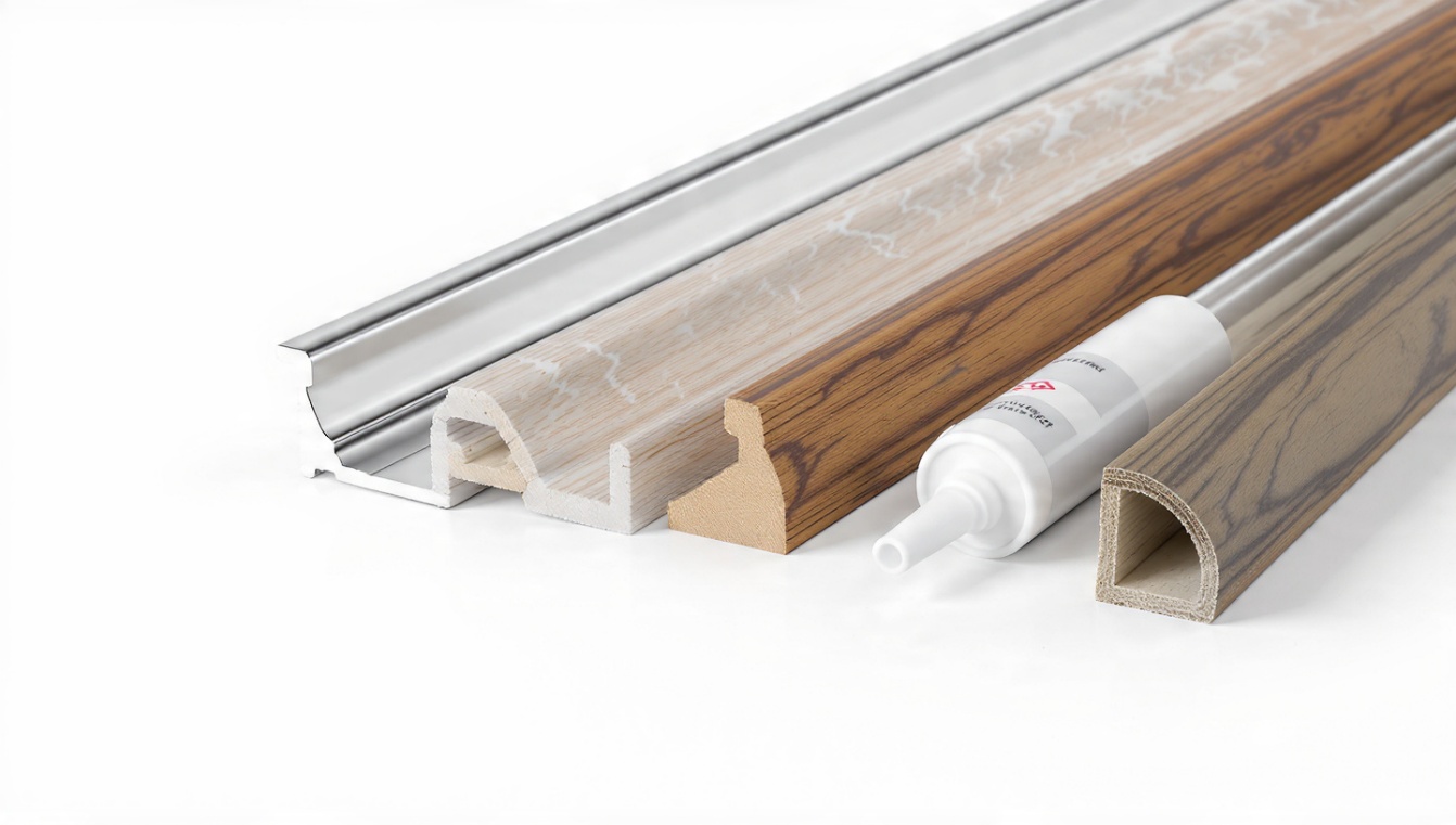 Chrome, marble effect and wood effect wall panel trims laid beside a tube of panel adhesive